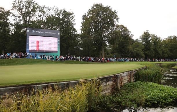 View of the final leaderboard at the 18th green during Day Three of The BMW PGA Championship at Wentworth Golf Club on September 11, 2021 in Virginia...