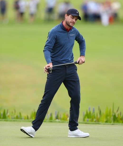 Laurie Canter of England putting on the 18th green during Day Three of The BMW PGA Championship at Wentworth Golf Club on September 11, 2021 in...