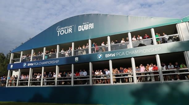 View of hospitality at the 18th green during Day Three of The BMW PGA Championship at Wentworth Golf Club on September 11, 2021 in Virginia Water,...