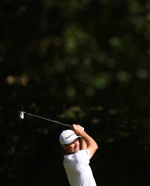 Justin Rose of England tees off the 5th hole during Day Three of The BMW PGA Championship at Wentworth Golf Club on September 11, 2021 in Virginia...