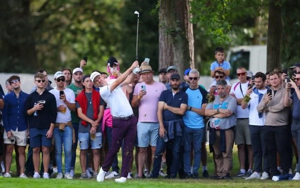 Justin Rose of England on the 6th hole during Day Three of The BMW PGA Championship at Wentworth Golf Club on September 11, 2021 in Virginia Water,...