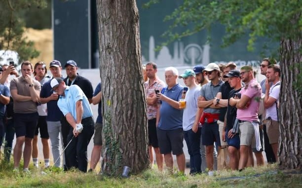 Jamie Donaldson of Wales hits his second shot on the 6th hole during Day Three of The BMW PGA Championship at Wentworth Golf Club on September 11,...