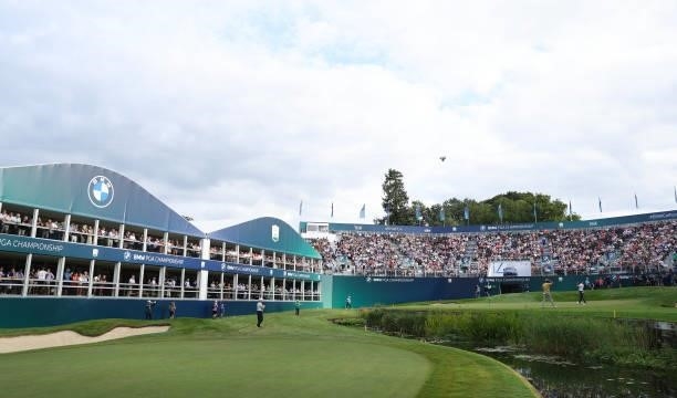 General view of the 18th hole during Day Three of The BMW PGA Championship at Wentworth Golf Club on September 11, 2021 in Virginia Water, England.