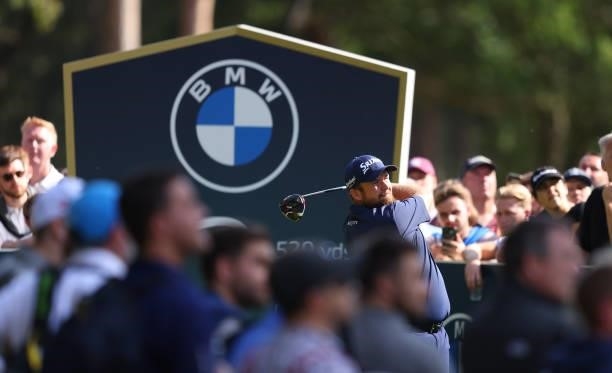 Shane Lowry of Ireland tees off the 12th hole during Day Three of The BMW PGA Championship at Wentworth Golf Club on September 11, 2021 in Virginia...