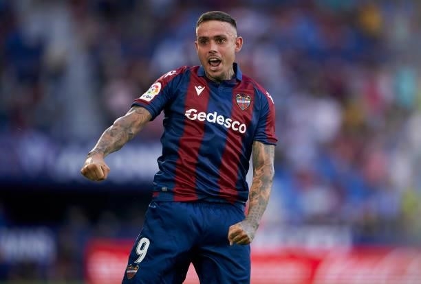 Roger Marti of Levante UD celebrates after scoring his team's first goal during the La Liga Santander match between Levante UD and Rayo Vallecano at...