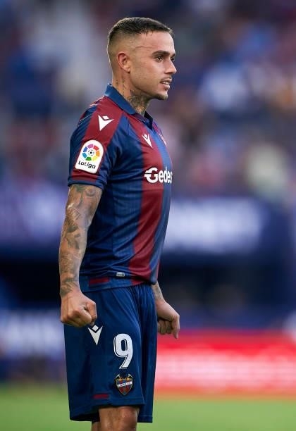 Roger Marti of Levante UD celebrates after scoring his team's first goal during the La Liga Santander match between Levante UD and Rayo Vallecano at...