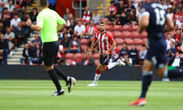 Jack Stephens of Southampton during the Premier League match between Southampton and West Ham United at St Mary's Stadium on September 11, 2021 in...