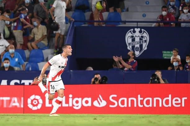 Sergi Guardiola of Rayo Vallecano celebrates after scoring their side's first goal during the LaLiga Santander match between Levante UD and Rayo...