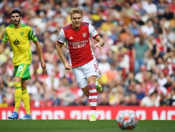 Martin Odegaard of Arsenal during the Premier League match between Arsenal and Norwich City at Emirates Stadium on September 11, 2021 in London,...