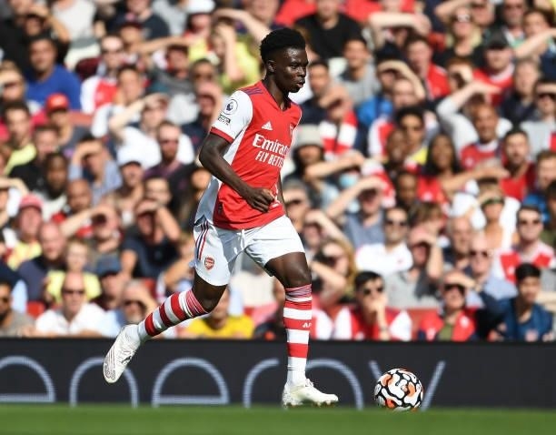 Bukayo Saka of Arsenal during the Premier League match between Arsenal and Norwich City at Emirates Stadium on September 11, 2021 in London, England.