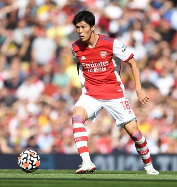 Takehiro Tomiyasu of Arsenal during the Premier League match between Arsenal and Norwich City at Emirates Stadium on September 11, 2021 in London,...