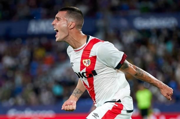 Sergi Guardiola of Rayo Vallecano celebrates after scoring his team's first goal during the La Liga Santander match between Levante UD and Rayo...