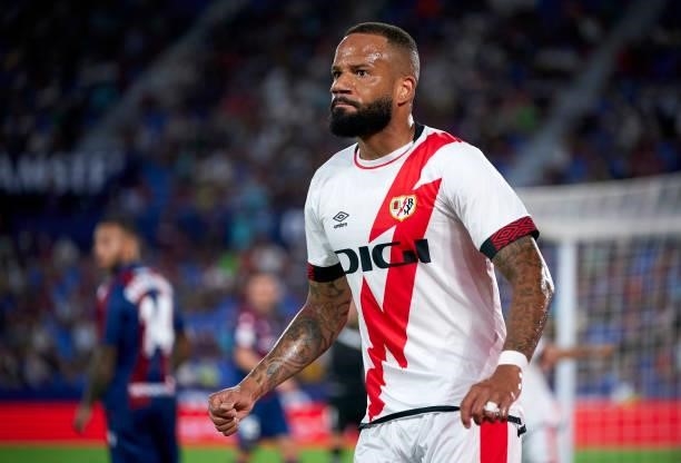 Bebe of Rayo Vallecano celebrates after the first goal of his team scored by Sergi Guardiola during the La Liga Santander match between Levante UD...