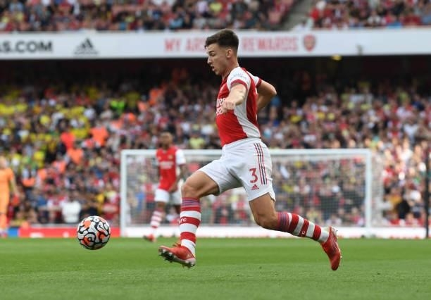 Kieran Tierney of Arsenal during the Premier League match between Arsenal and Norwich City at Emirates Stadium on September 11, 2021 in London,...