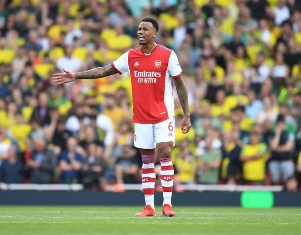 Gabriel of Arsenal during the Premier League match between Arsenal and Norwich City at Emirates Stadium on September 11, 2021 in London, England.