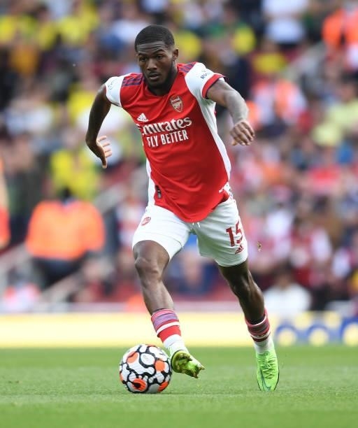 Ainsley Maitland-Niles of Arsenal during the Premier League match between Arsenal and Norwich City at Emirates Stadium on September 11, 2021 in...