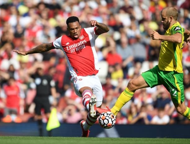 Gabriel of Arsenal during the Premier League match between Arsenal and Norwich City at Emirates Stadium on September 11, 2021 in London, England.