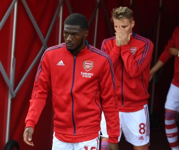 Arsenal's Ainsley Maitland-Niles before the Premier League match between Arsenal and Norwich City at Emirates Stadium on September 11, 2021 in...