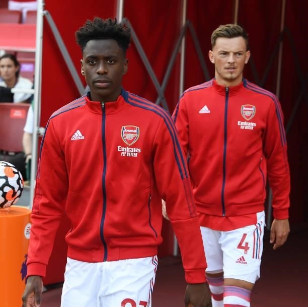 Arsenal's Sambi and Ben White before the Premier League match between Arsenal and Norwich City at Emirates Stadium on September 11, 2021 in London,...