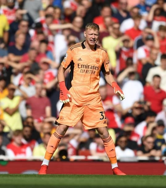 Aaron Ramsdale of Arsenal during the Premier League match between Arsenal and Norwich City at Emirates Stadium on September 11, 2021 in London,...