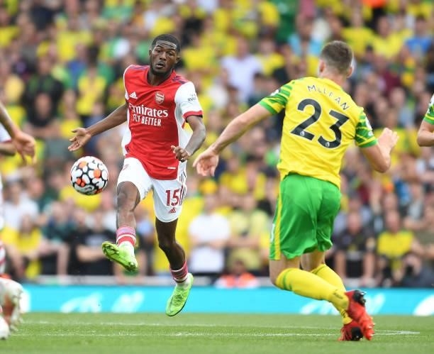 Ainsley Maitland-Niles of Arsenal takes on Kenny McLean of Norwich during the Premier League match between Arsenal and Norwich City at Emirates...