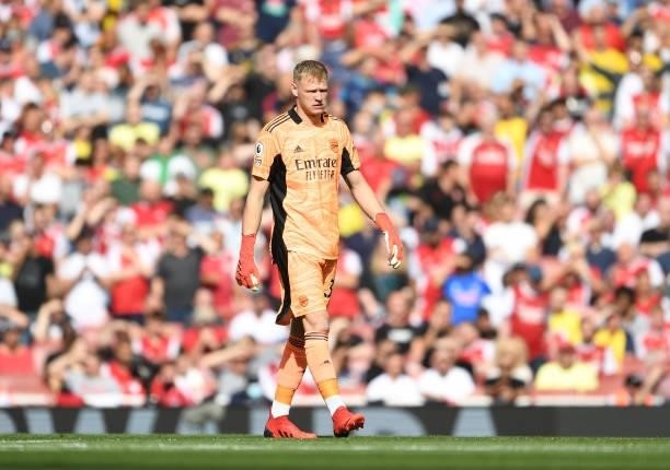 Aaron Ramsdale of Arsenal during the Premier League match between Arsenal and Norwich City at Emirates Stadium on September 11, 2021 in London,...