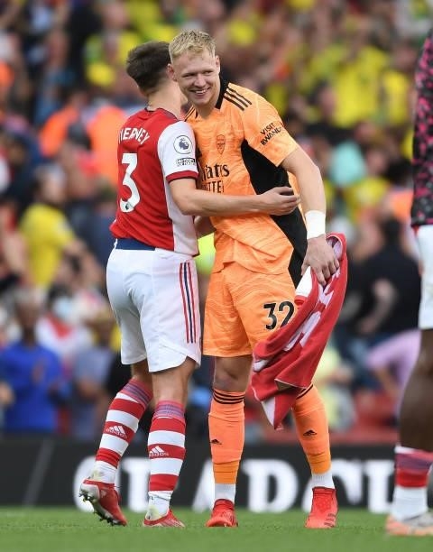 Arsenal's Kieran Tierney and Aaron Ramsdale celebrate after the Premier League match between Arsenal and Norwich City at Emirates Stadium on...