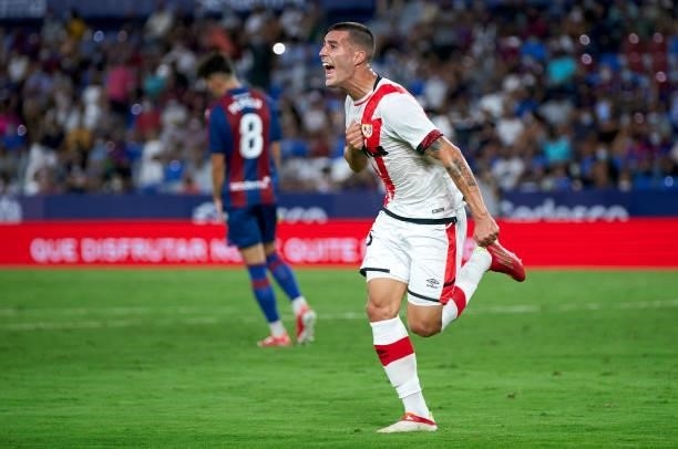 Sergi Guardiola of Rayo Vallecano celebrates after scoring his team's first goal during the La Liga Santander match between Levante UD and Rayo...