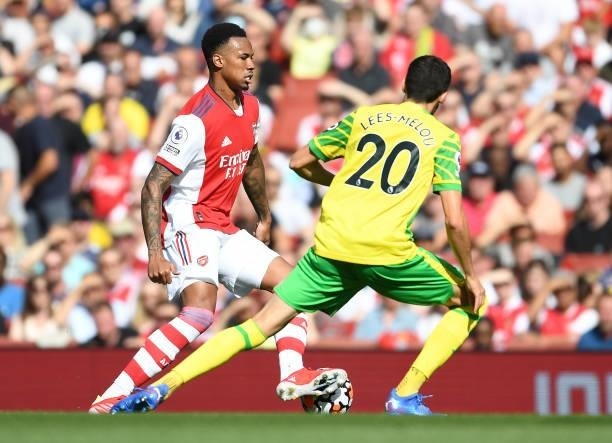 Gabriel of Arsenal takes on Pierre Lees-Melou of Norwich during the Premier League match between Arsenal and Norwich City at Emirates Stadium on...