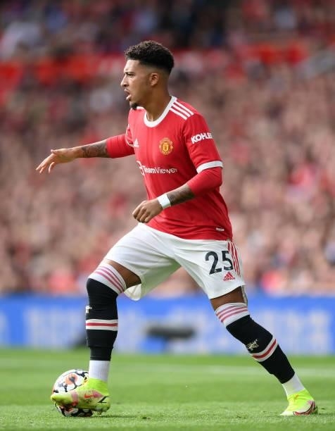 Jadon Sancho of Manchester United runs with the ball during the Premier League match between Manchester United and Newcastle United at Old Trafford...