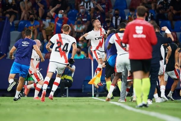 Sergi Guardiola of Rayo Vallecano celebrates after scoring goal during the LaLiga Santander match between Levante UD and Rayo Vallecano at Ciutat de...
