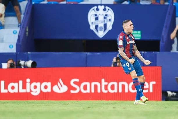Roger Marti of Levante UD celebrates after scoring goal during the LaLiga Santander match between Levante UD and Rayo Vallecano at Ciutat de Valencia...