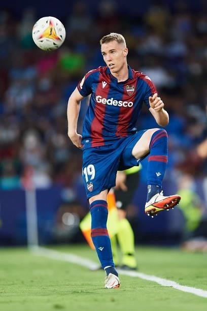 Carlos Clerc of Levante UD in action during the LaLiga Santander match between Levante UD and Rayo Vallecano at Ciutat de Valencia Stadium on...