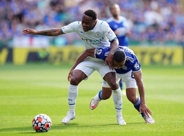 Raheem Sterling of Manchester City takes on Youri Tielemans of Leicester City during the Premier League match between Leicester City and Manchester...