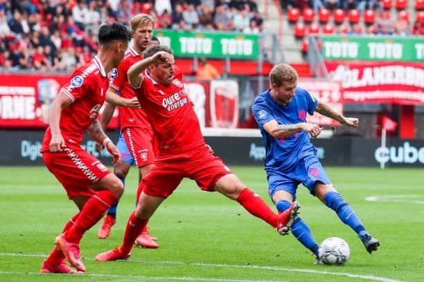Wout Brama of FC Twente and Simon Gustafson of FC Utrecht during the Dutch Eredivisie match between FC Twente and FC Utrecht at Grolsch Veste on...