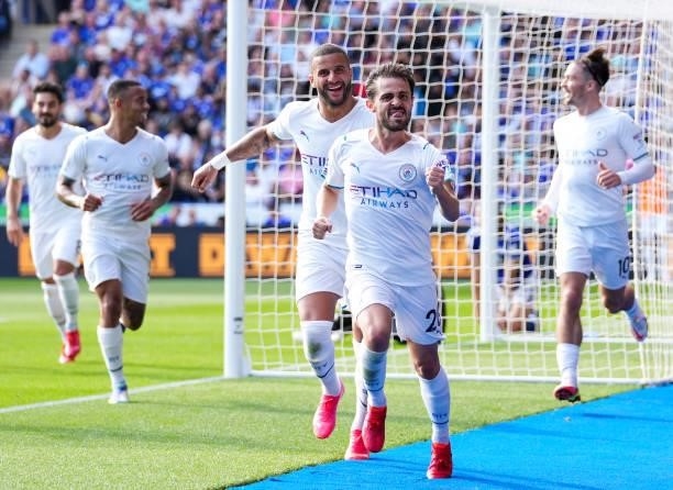 Bernardo Silva of Manchester City celebrates after scoring his teams first goal during the Premier League match between Leicester City and Manchester...
