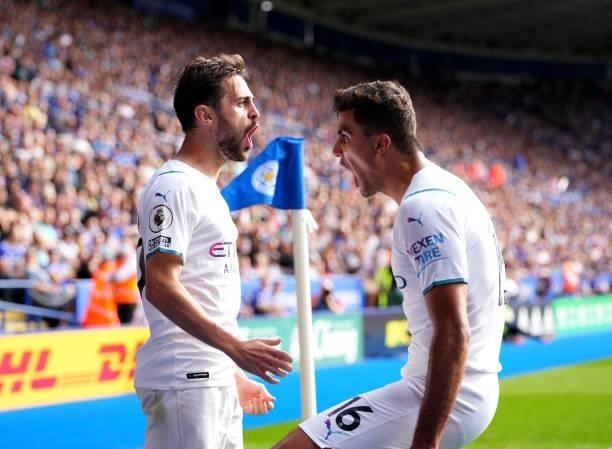 Bernardo Silva of Manchester City celebrates after scoring his teams first goal during the Premier League match between Leicester City and Manchester...