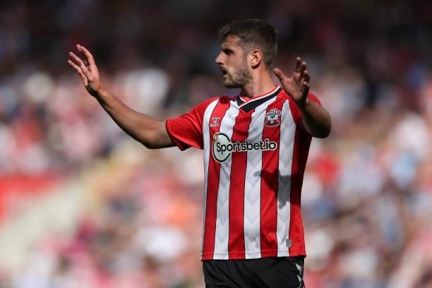 Jack Stephens of Southampton during the Premier League match between Southampton and West Ham United at St Mary's Stadium on September 11, 2021 in...