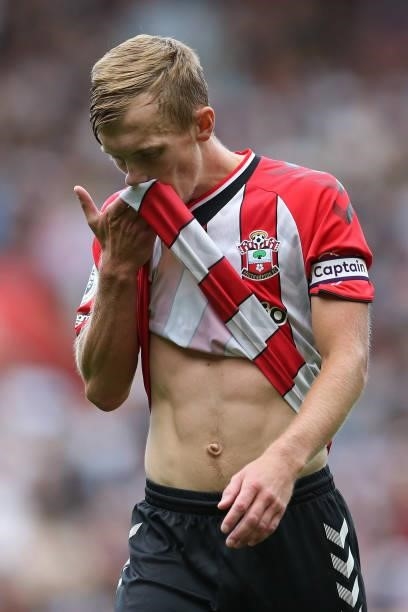James Ward-Prowse of Southampton reacts during the Premier League match between Southampton and West Ham United at St Mary's Stadium on September 11,...