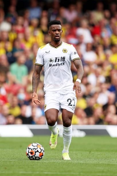 Nelson Semedo of Wolverhampton Wanderers runs with the ball during the Premier League match between Watford and Wolverhampton Wanderers at Vicarage...