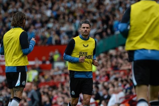 Fabian Schär of Newcastle United FC warms up during the Premier League match between Manchester United and Newcastle United at Old Trafford on...