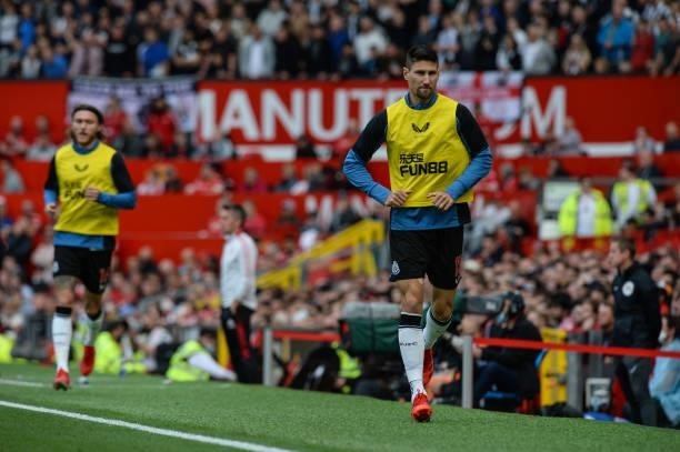 Federico Fernández of Newcastle United FC warms up during the Premier League match between Manchester United and Newcastle United at Old Trafford on...