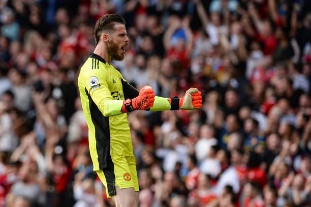 Manchester United Goalkeeper David DeGea celebrates after Manchester score their fourth goal during the Premier League match between Manchester...