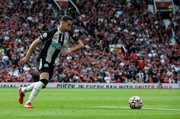 Javier Manquillo of Newcastle United FC strikes the ball during the Premier League match between Manchester United and Newcastle United at Old...