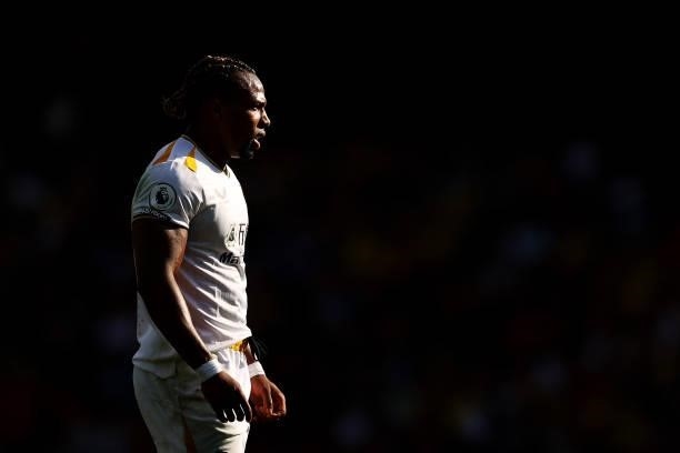 Adama Traore of Wolverhampton Wanderers looks on during the Premier League match between Watford and Wolverhampton Wanderers at Vicarage Road on...