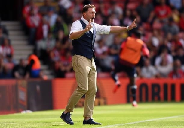 Ralph Hasenhuettl, Manager of Southampton reacts during the Premier League match between Southampton and West Ham United at St Mary's Stadium on...