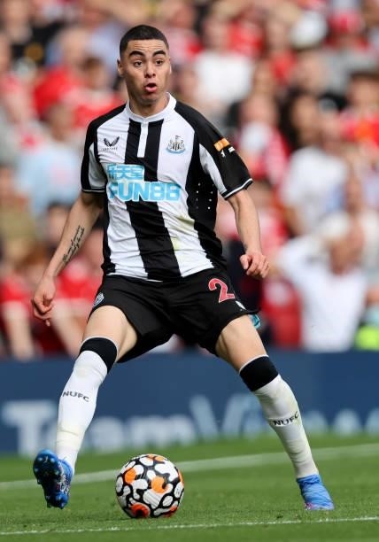 Miguel Almiron of Newcastle United on the ball during the Premier League match between Manchester United and Newcastle United at Old Trafford on...