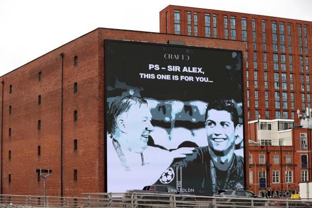 Sign in support of Cristiano Ronaldo of Manchester United and Sir Alex Ferguson is seen outside the stadium prior to the Premier League match between...