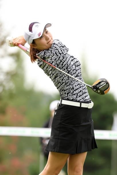 Hina Arakaki of Japan hits her tee shot on the 10th hole during the final round of the JLPGA Championship Konica Minolta Cup at Shizu Hills Country...