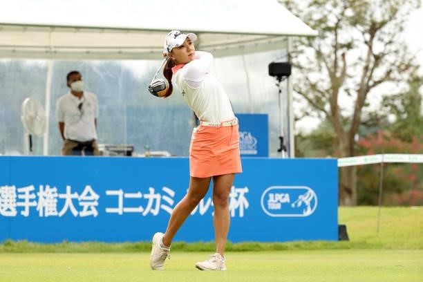 Naruha Miyata of Japan hits her tee shot on the 10th hole during the final round of the JLPGA Championship Konica Minolta Cup at Shizu Hills Country...